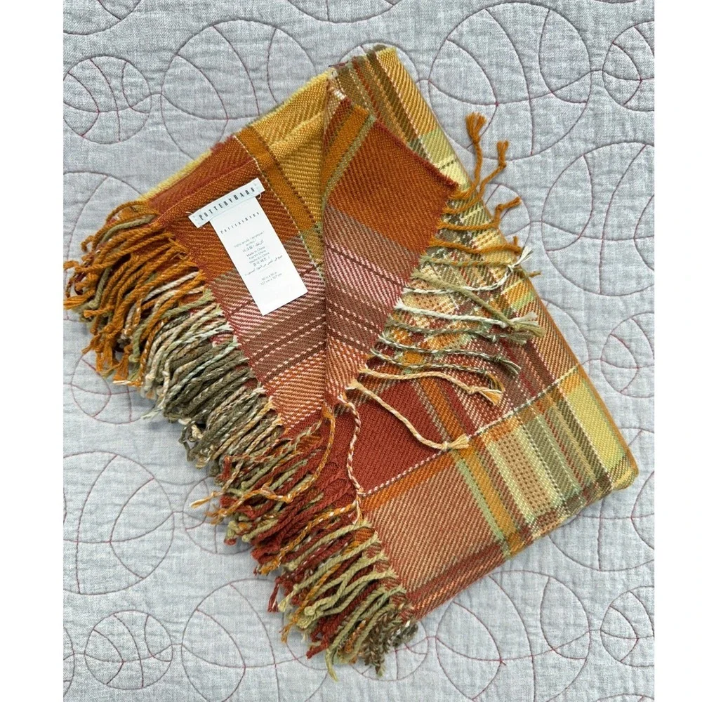 Pottery Barn Throw Blanket Orange Plaid Fringed 50